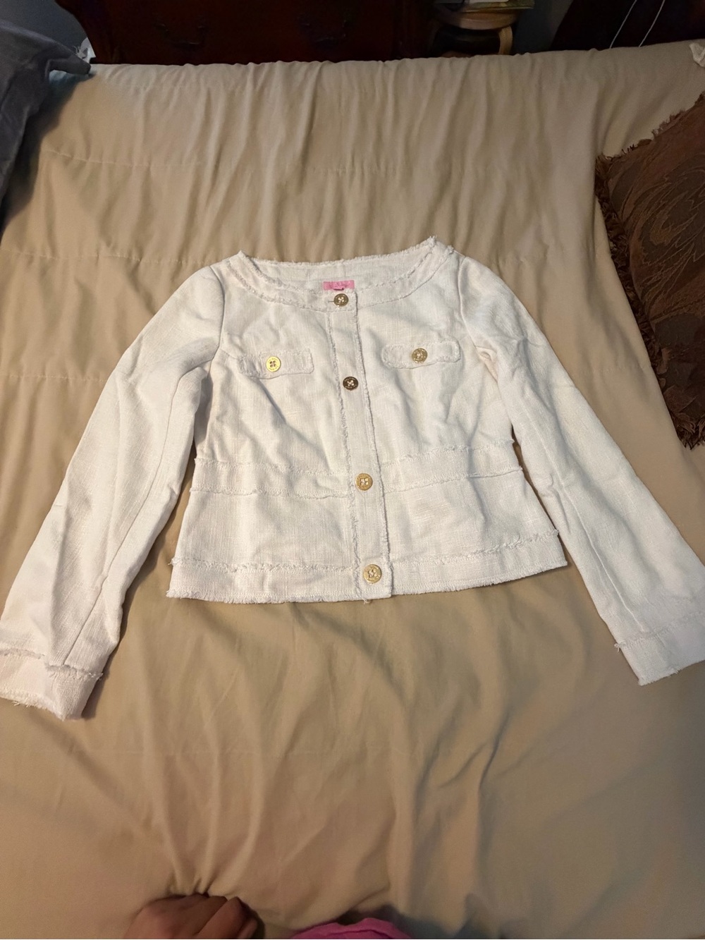 Lilly Pulitzer Cream Cropped Textured Jacket with Gold Buttons
